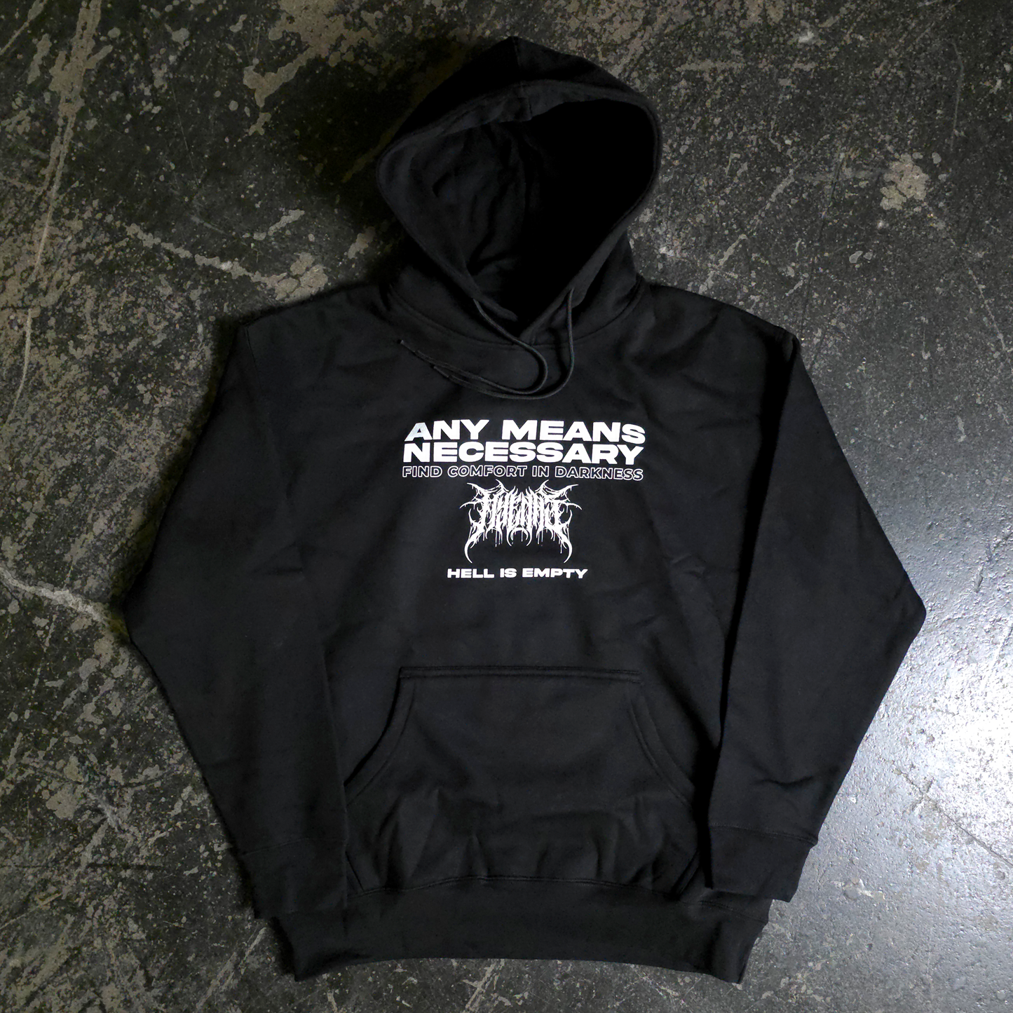 any means necessary shawn coss hell is empty pullover hoodie black back