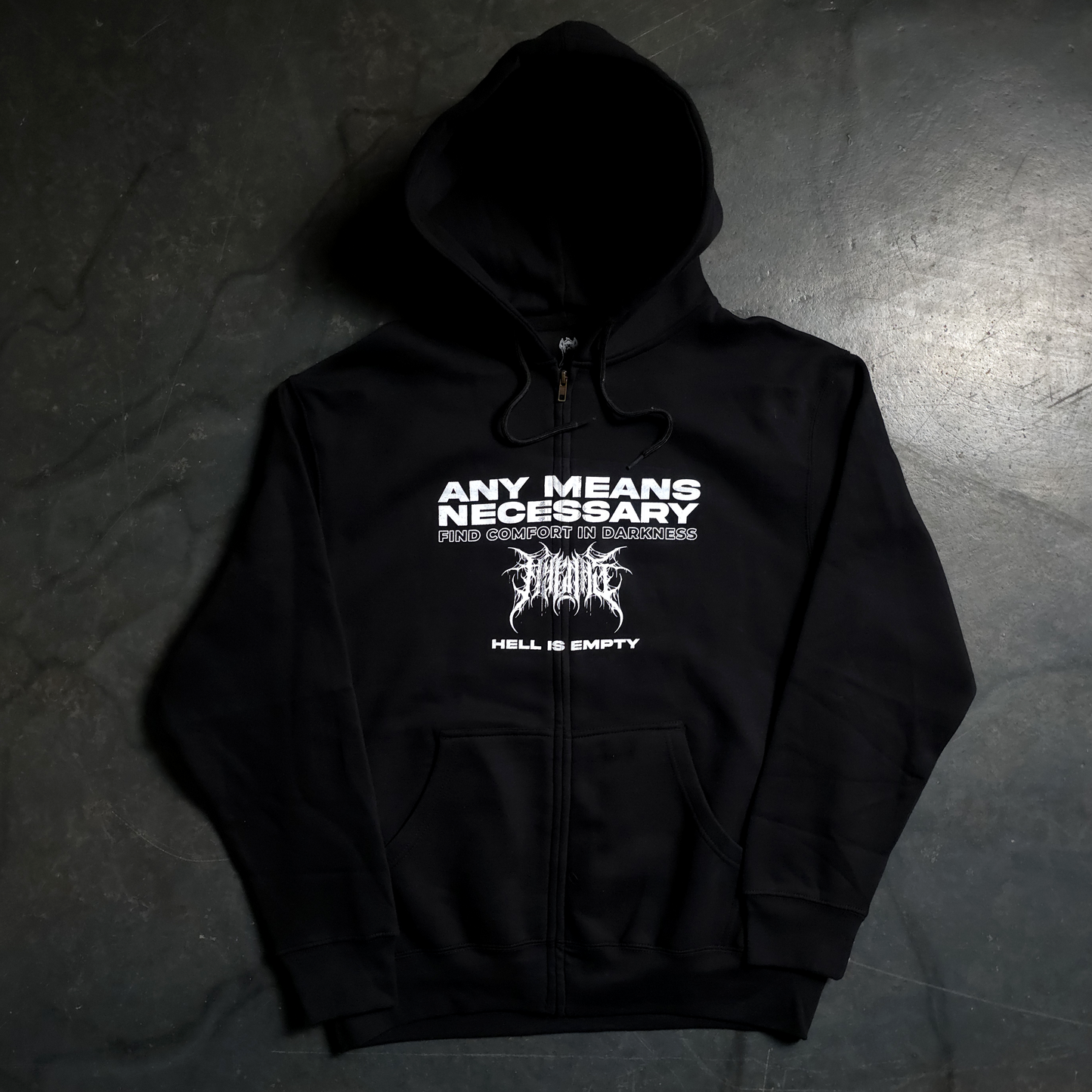 any means necessary shawn coss hell is empty zip up hoodie black front