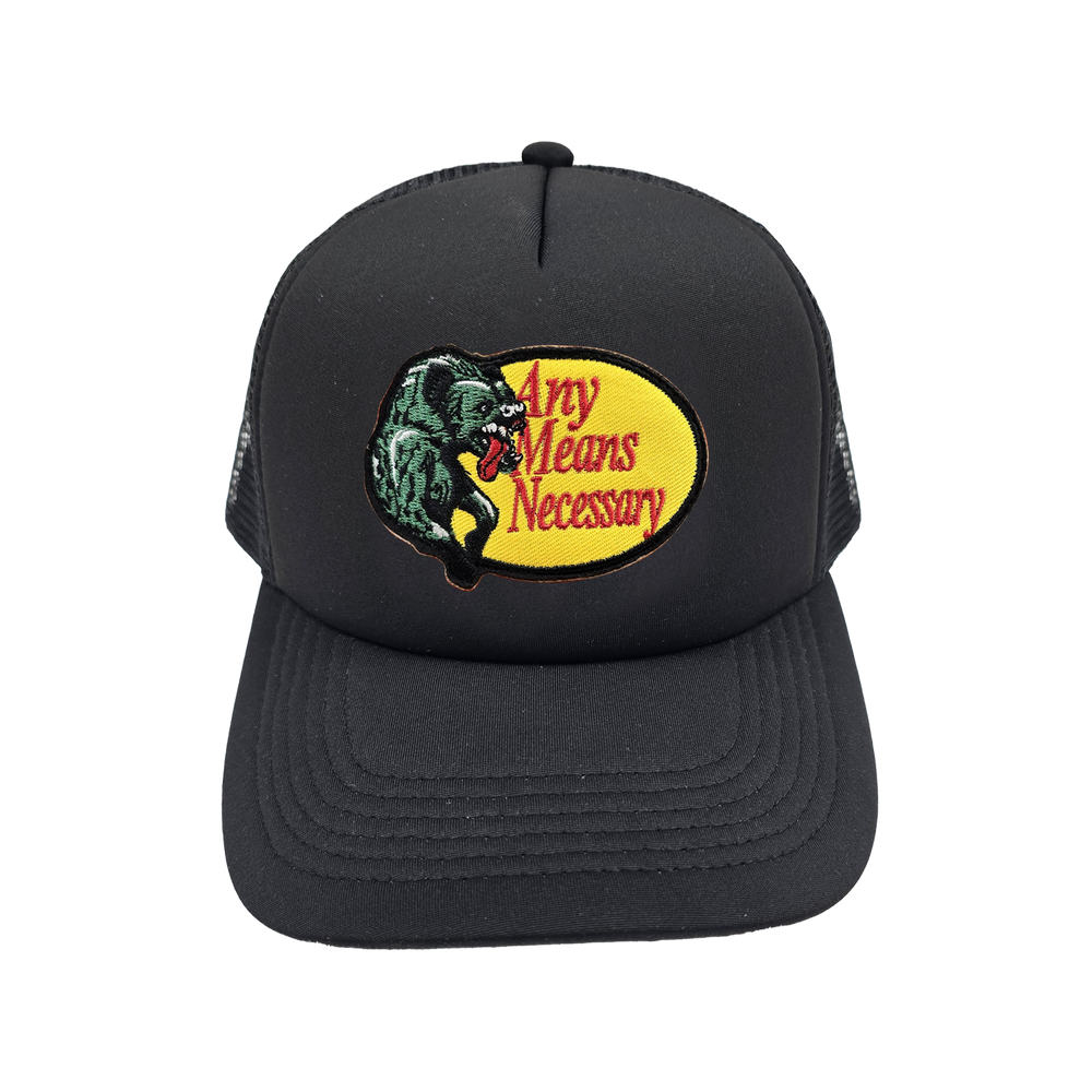 
                  
                    any means necessary shawn coss hyena pro bass pro mesh foam trucker hat black front
                  
                