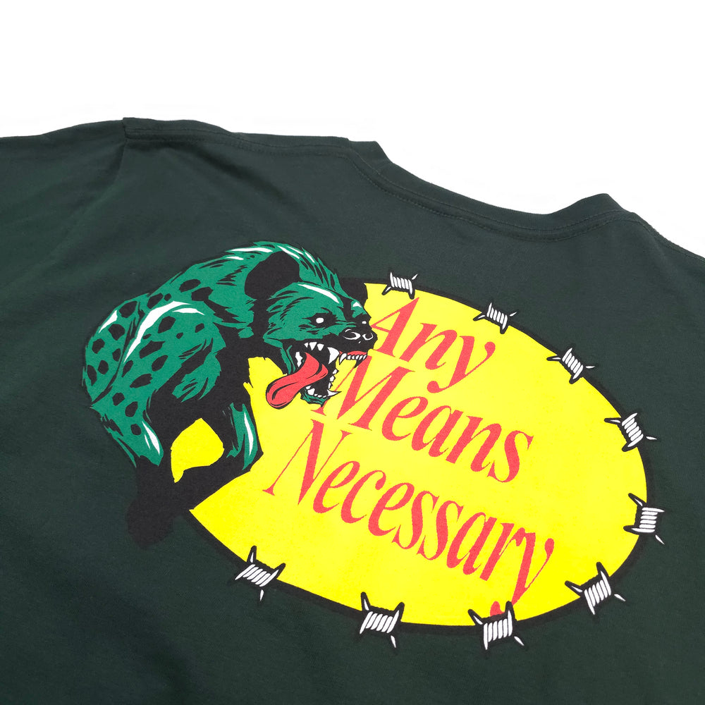 
                      
                        any means necessary shawn coss hyena pro t shirt green back up close
                      
                    