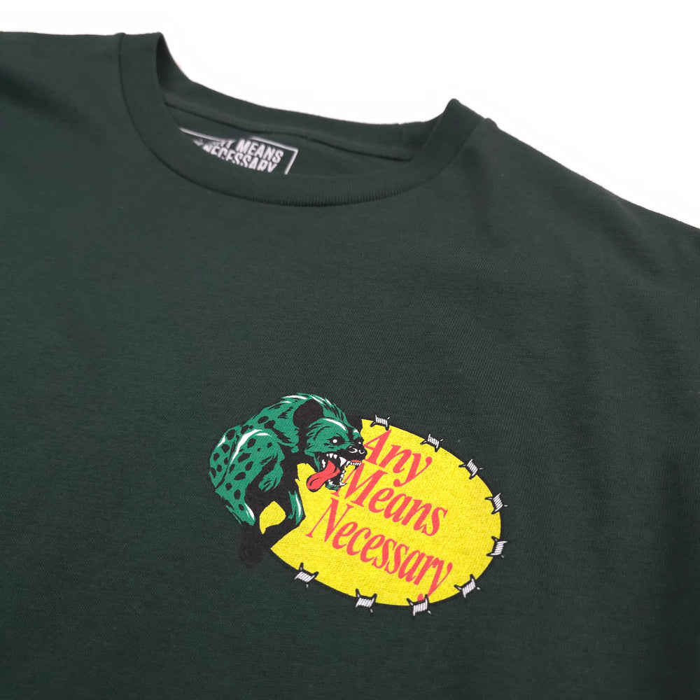 
                      
                        any means necessary shawn coss hyena pro t shirt green front up close
                      
                    