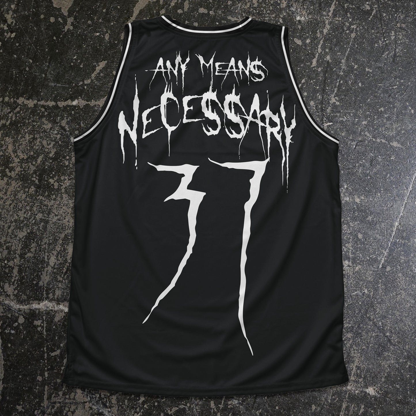 Black tank top with white text and design on a textured dark background any means necessary shawn coss the hyenas basketball jersey back