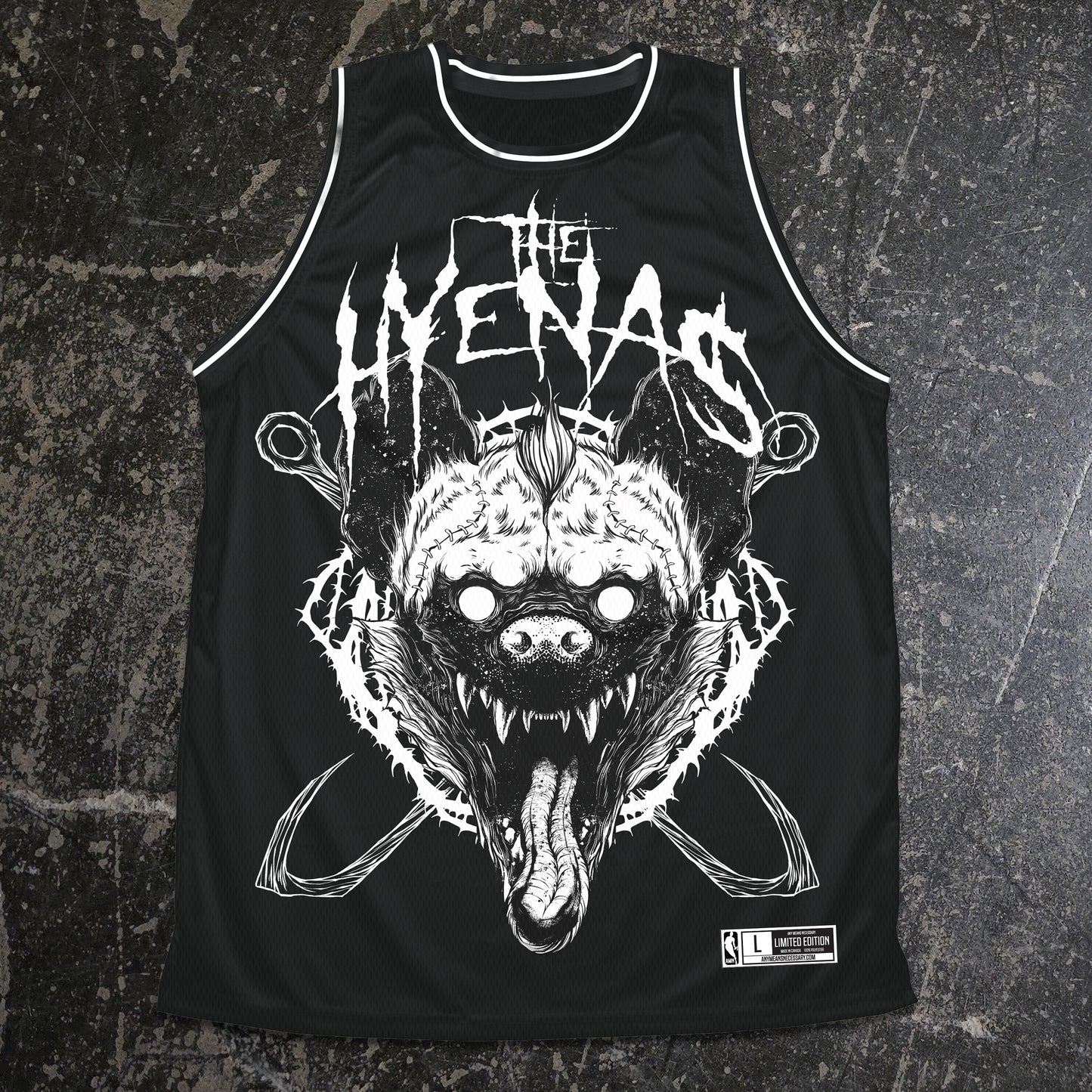 Black tank top with a graphic design of a wolf head and 'The Hyena' text on a textured black background any means necessary shawn coss the hyenas basketball jersey front