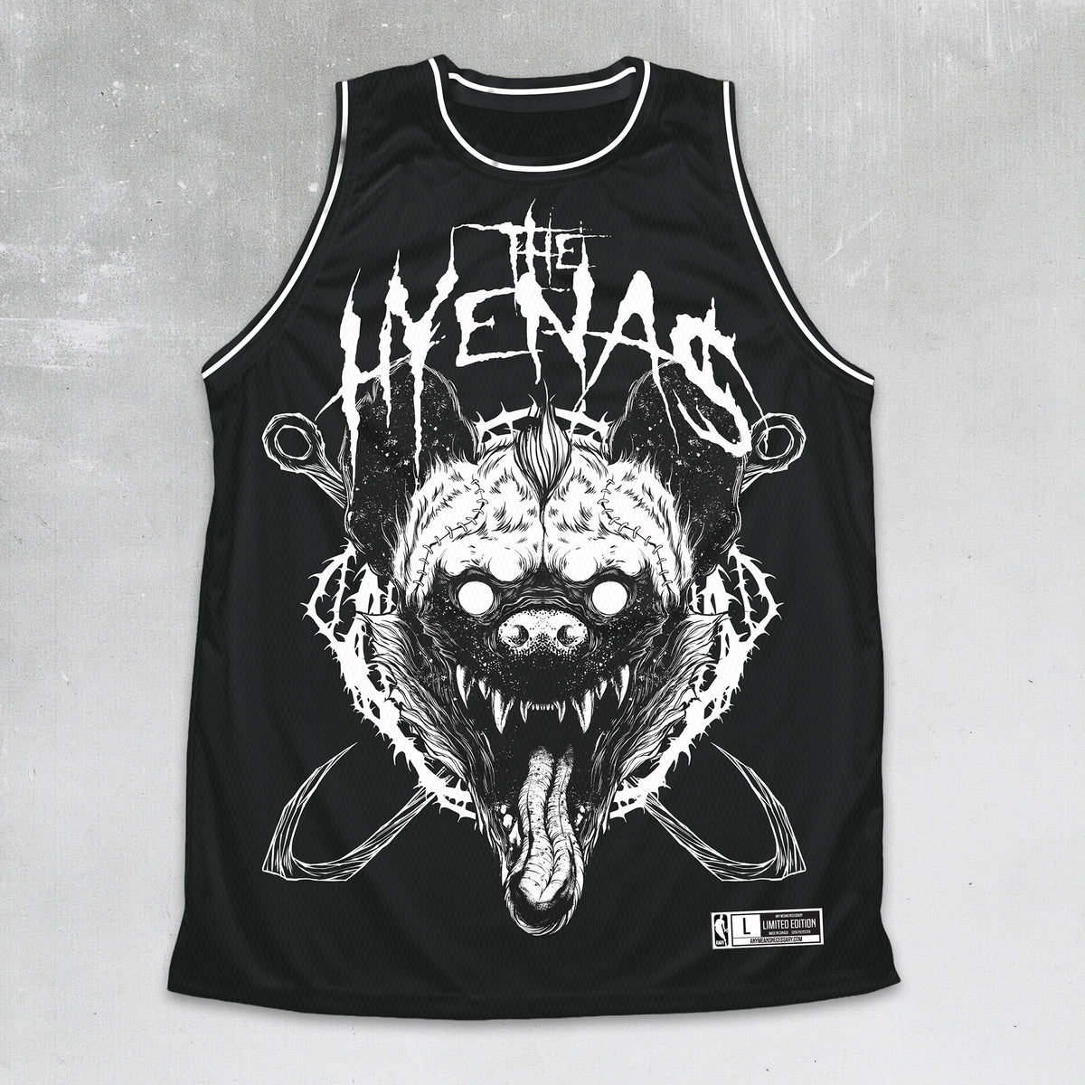 A black sleeveless basketball jersey tank top featuring a large white graphic print of a snarling dog with the text 'THE WENAS' above it, shown against a textured gray background.