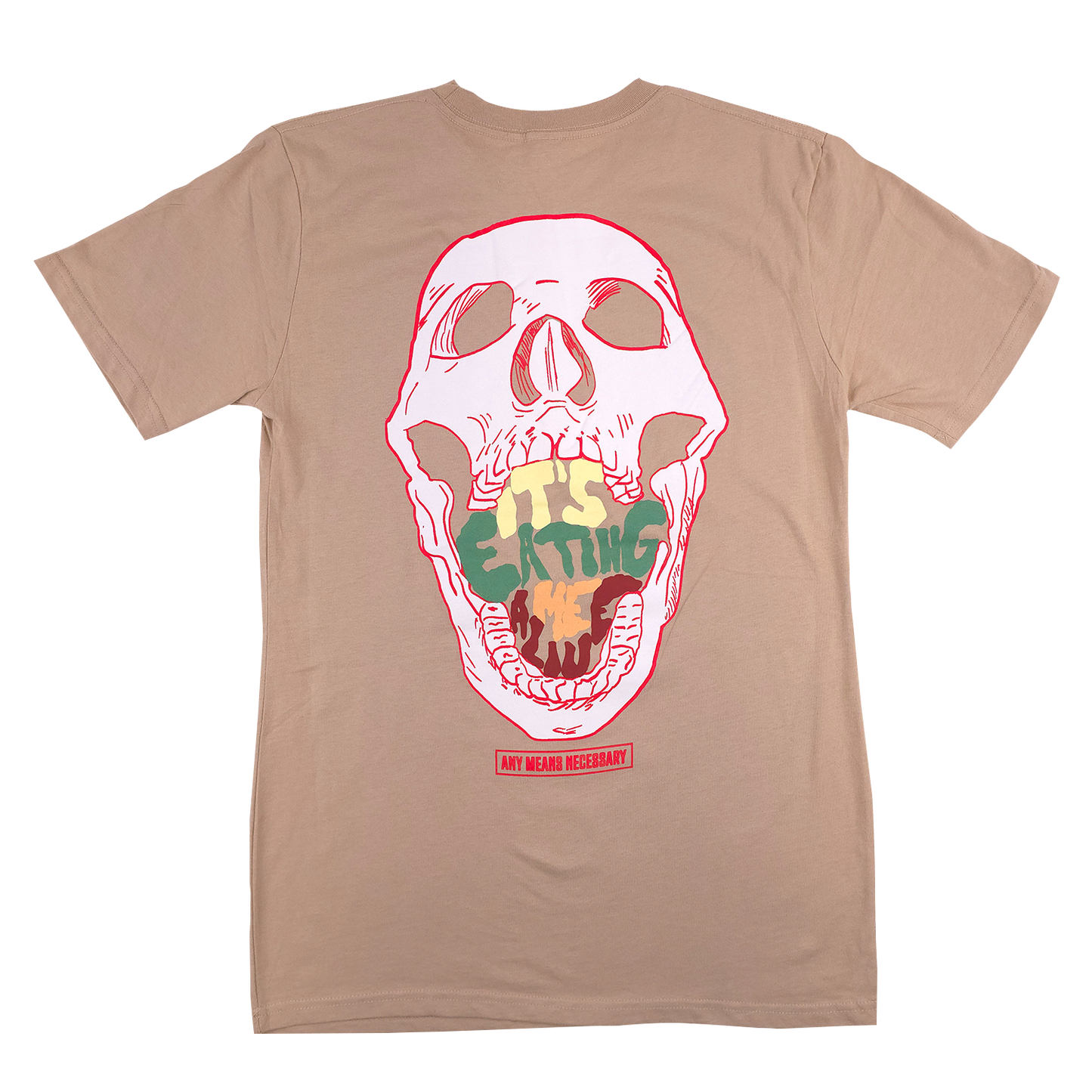 any means necessary shawn coss eating me alive t shirt mushroom tan back