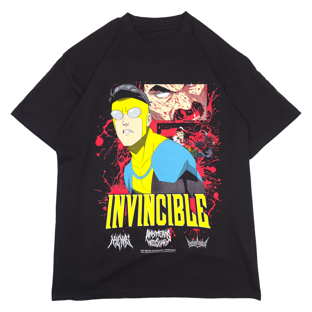 Invincible Any Means Necessary Black Shirt Mark Grayson Omni Man Bloody Front