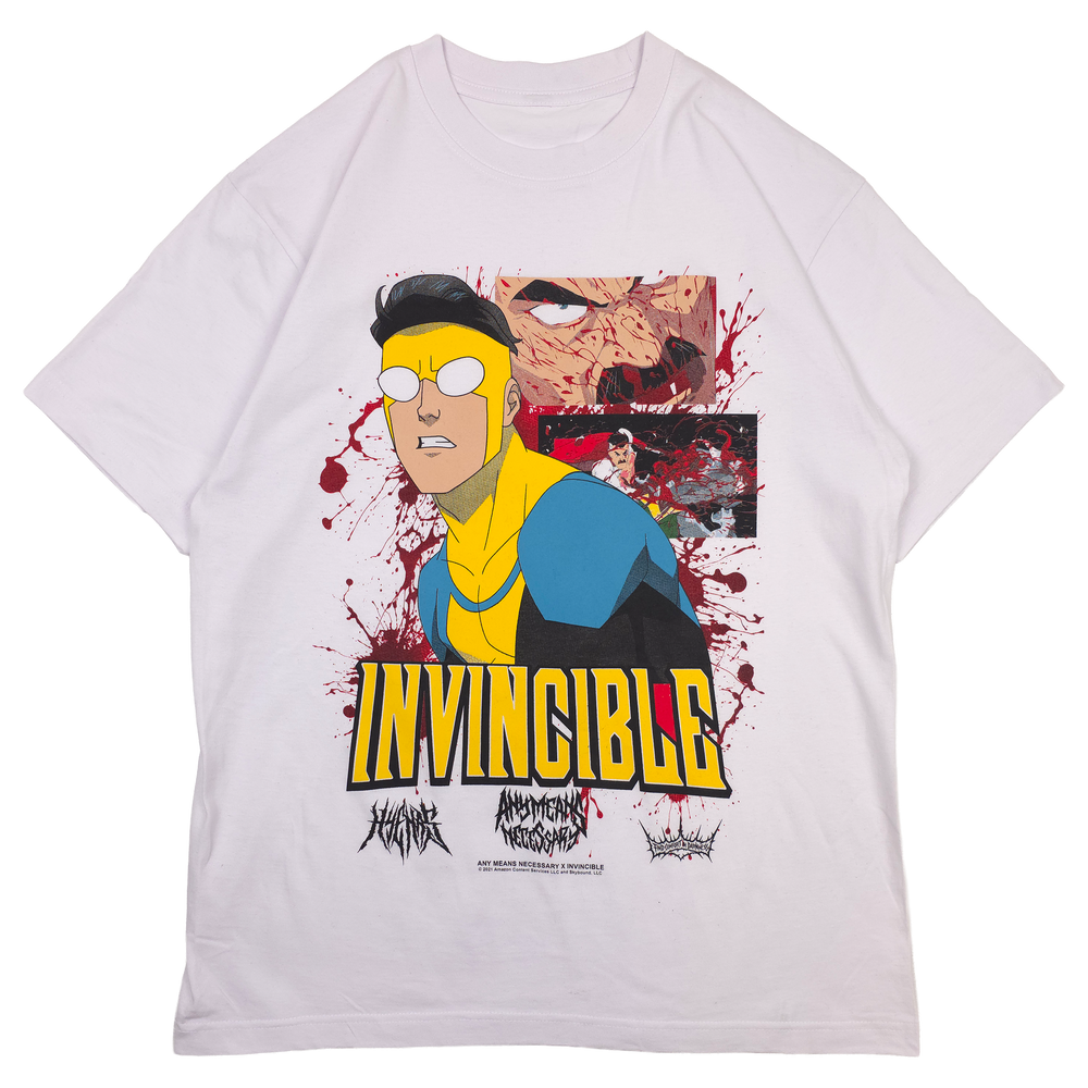 Invincible Any Means Necessary White Shirt Mark Grayson Omni Man Bloody Front