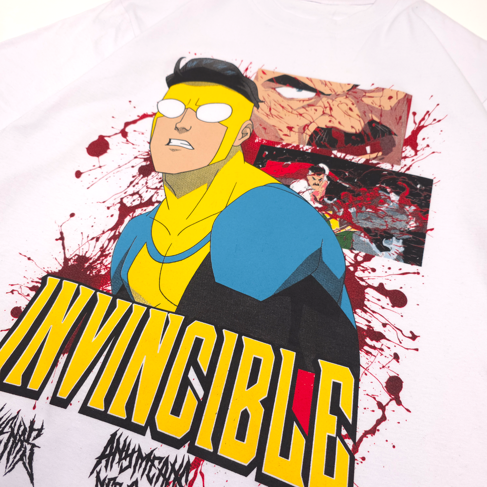 
                      
                        Invincible Any Means Necessary White Shirt Mark Grayson Omni Man Bloody Front Close up 2
                      
                    