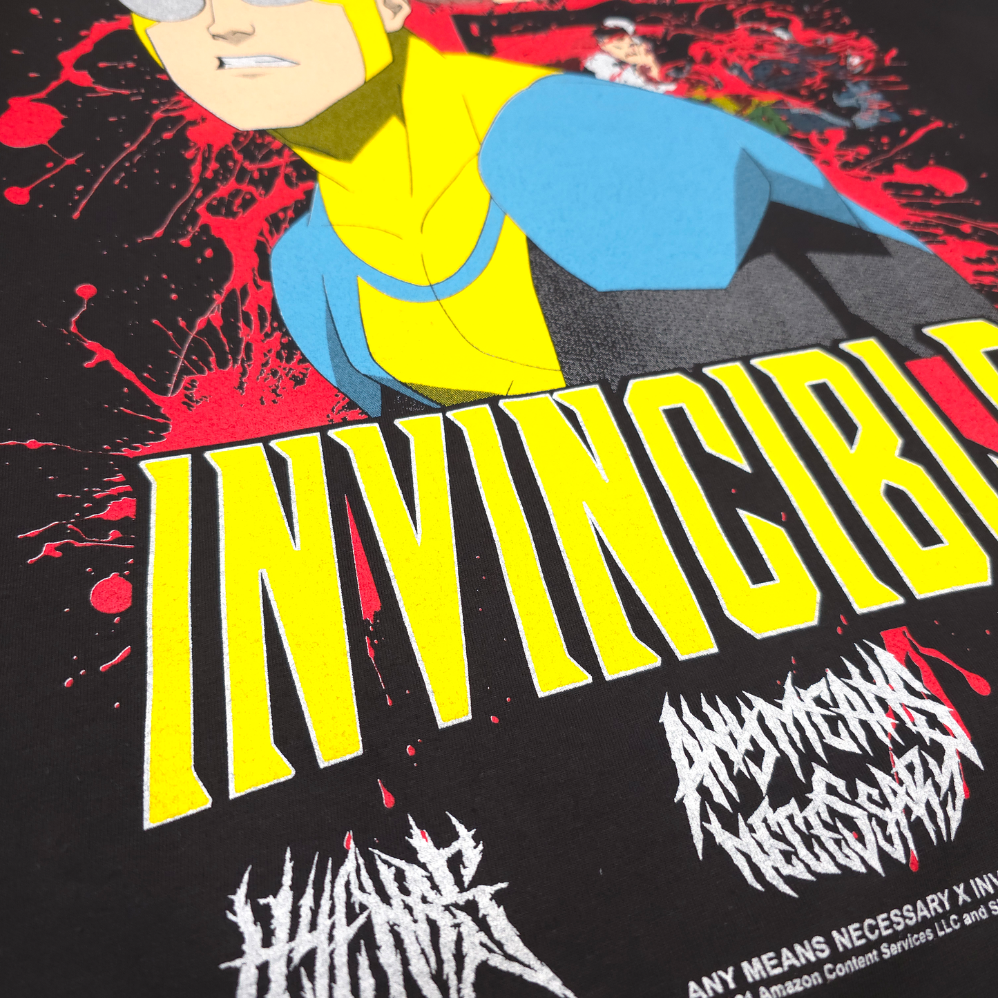 Invincible Any Means Necessary Black Shirt Mark Grayson Omni Man Bloody Front