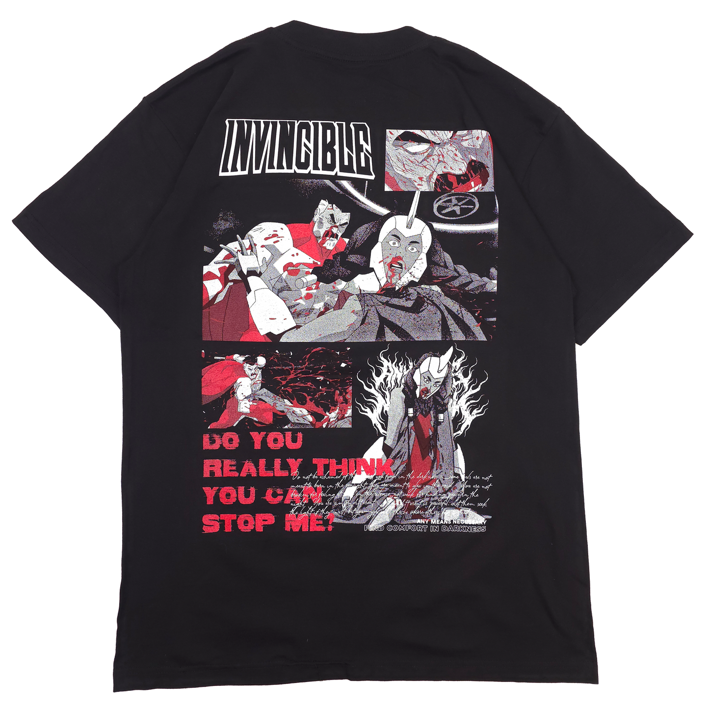 Invincible Any Means Necessary Neck Snap Back Black Shirt War Woman