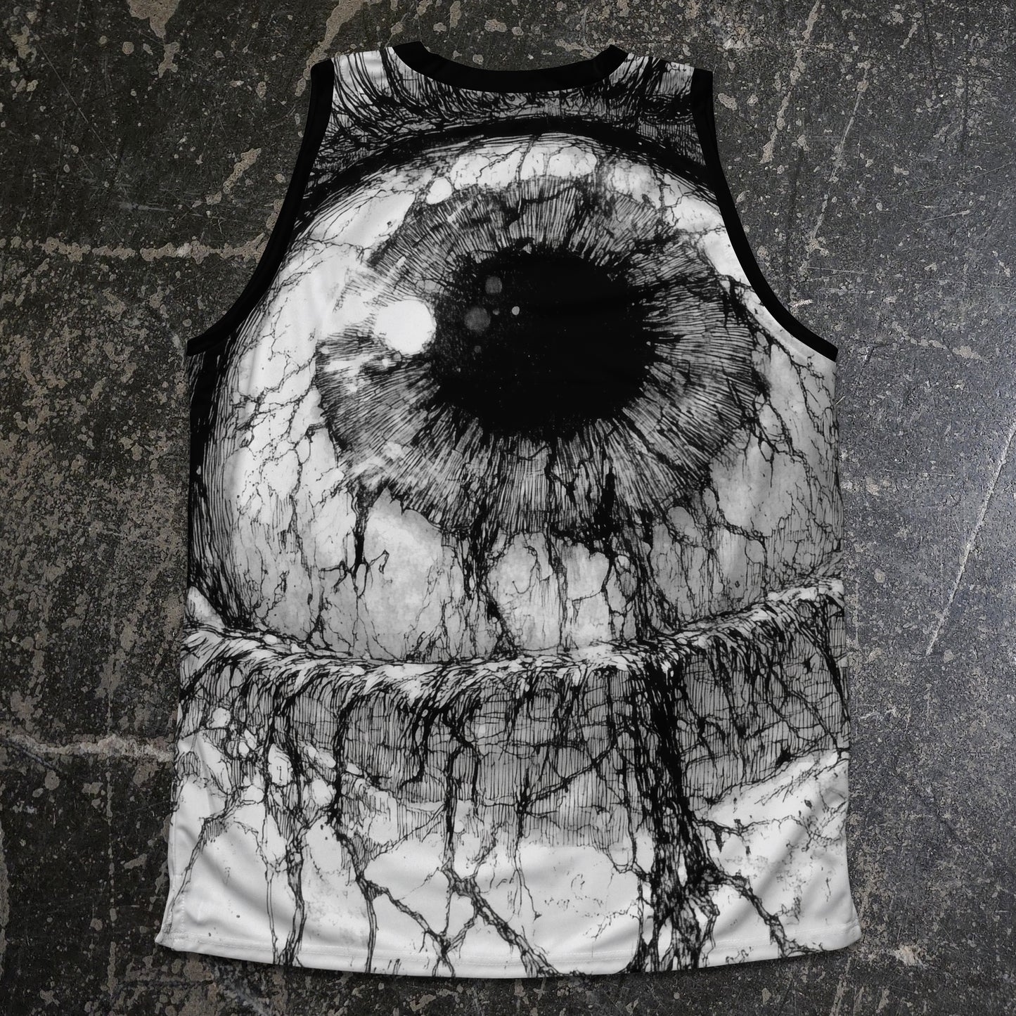 Black and white tank top with abstract design on a textured surface any means necessary shawn coss iris basketball jersey back