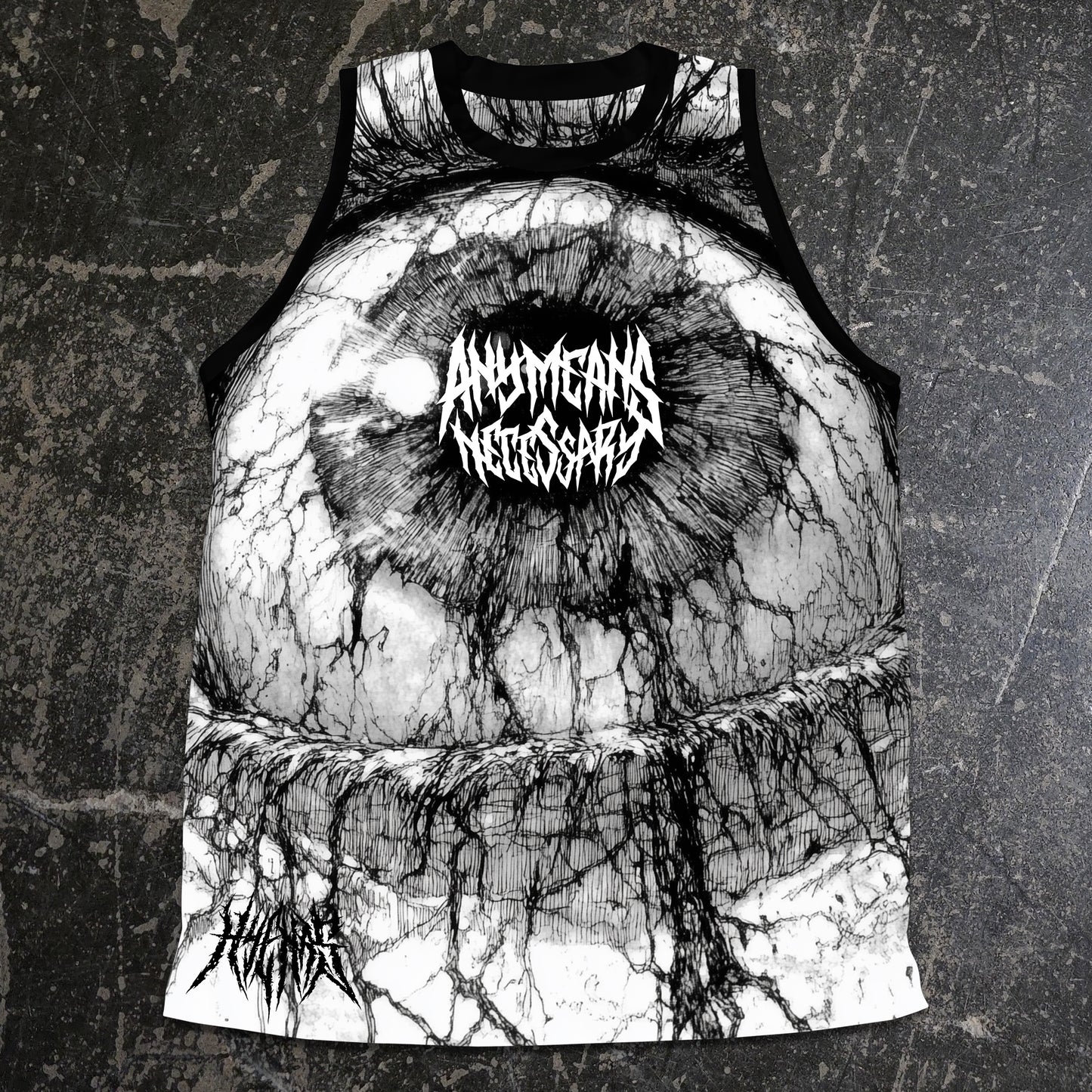 Black tank top with abstract design and text on a textured gray background any means necessary shawn coss iris basketball jersey front