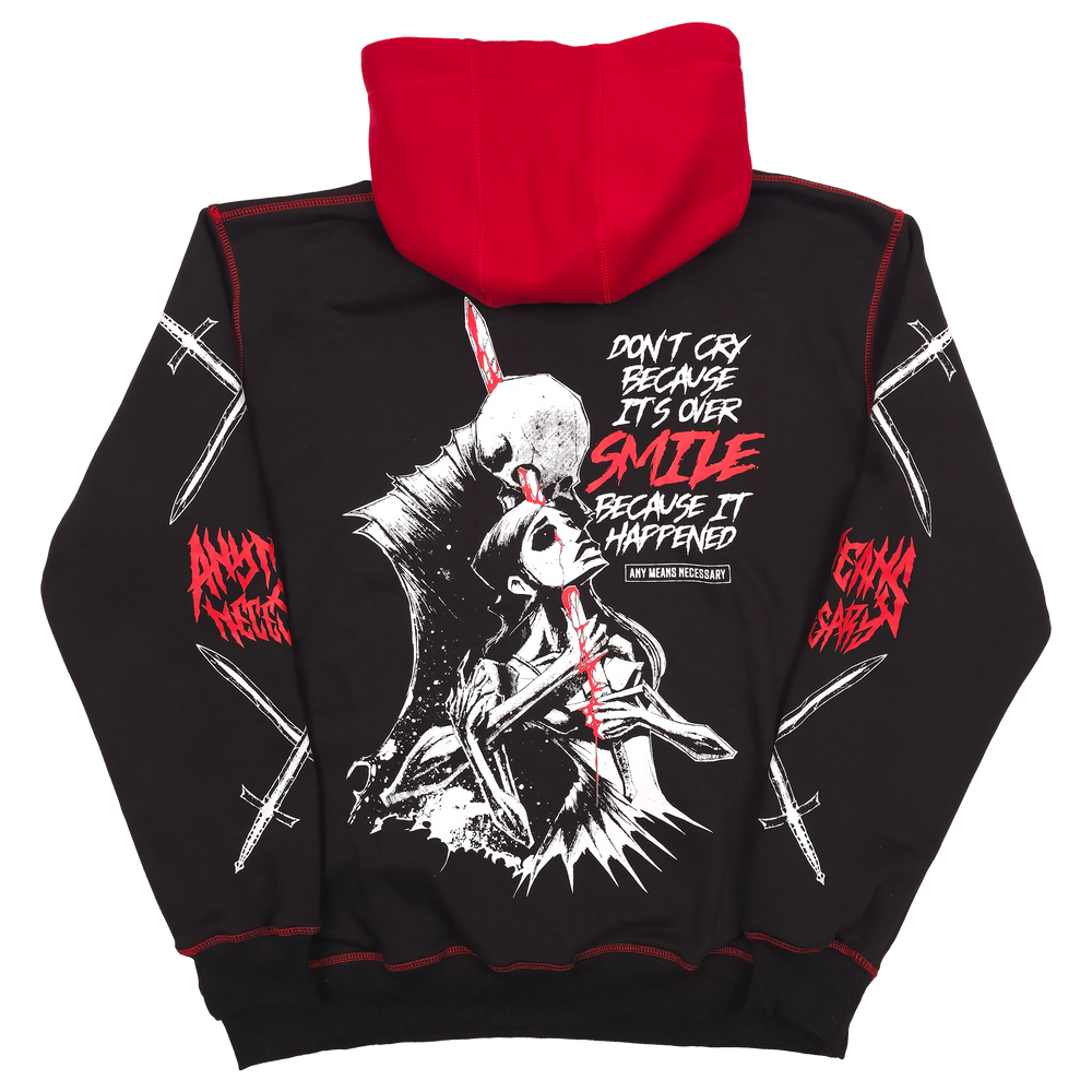 
                      
                        any means necessary shawn coss it happened black and red pullover hoodie back
                      
                    