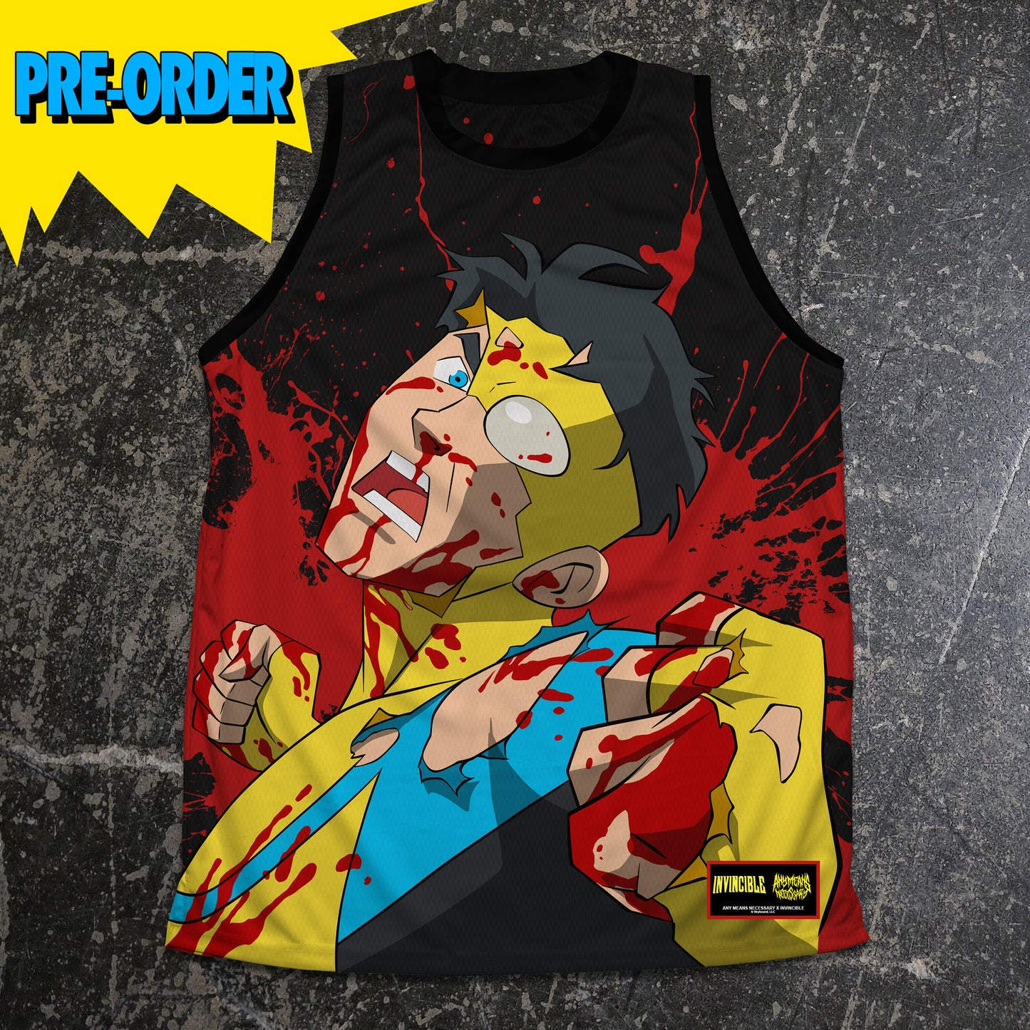 Tank top with an animated character design on a textured gray background