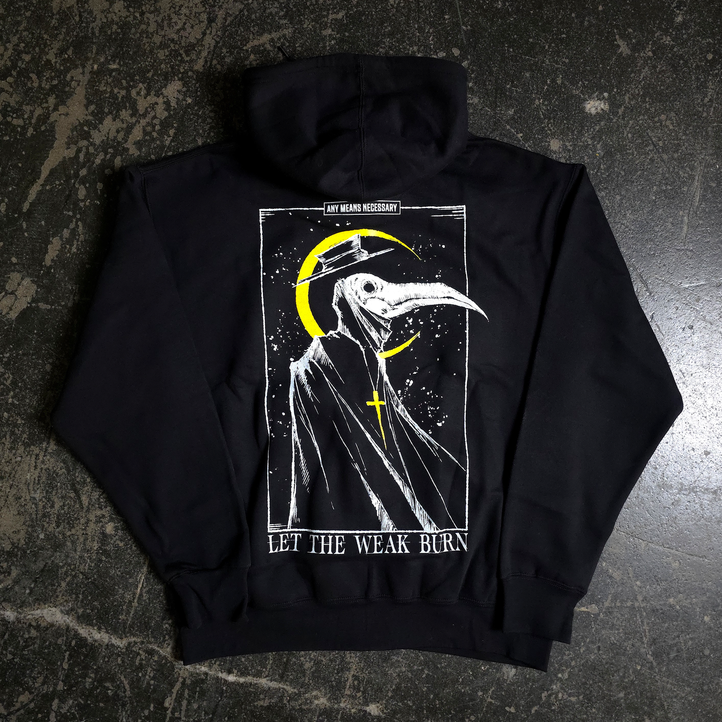 any means necessary shawn coss let the weak burn plague doctor zip up hoodie black back