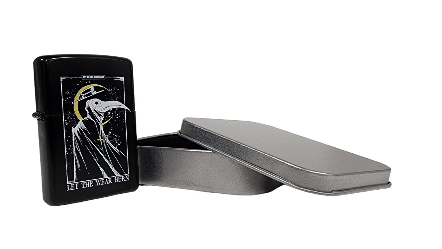 any means necessary shawn coss let the weak burn plague doctor zippo style lighter up close 