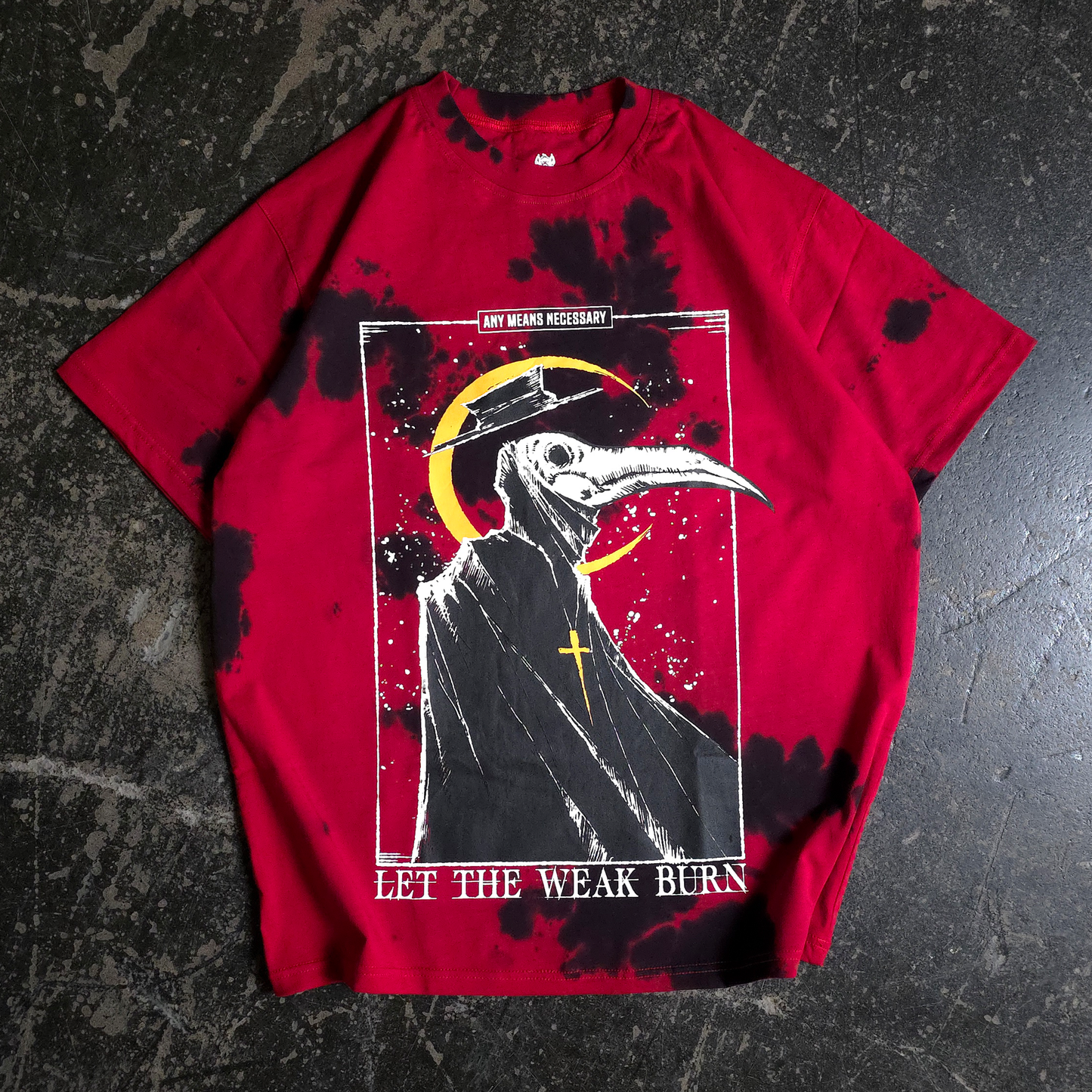 any means necessary shawn coss let the weak burn plague doctor t shirt red and black tie dye
