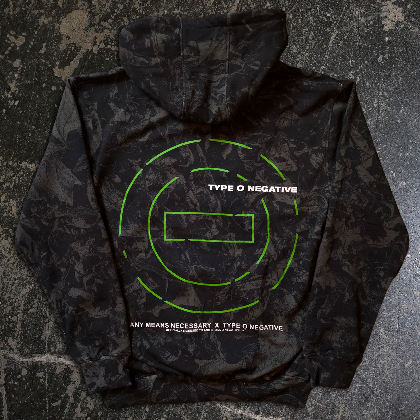 Type O Negative camo leaves hoodie with white text for fans of goth rock and Peter Steele