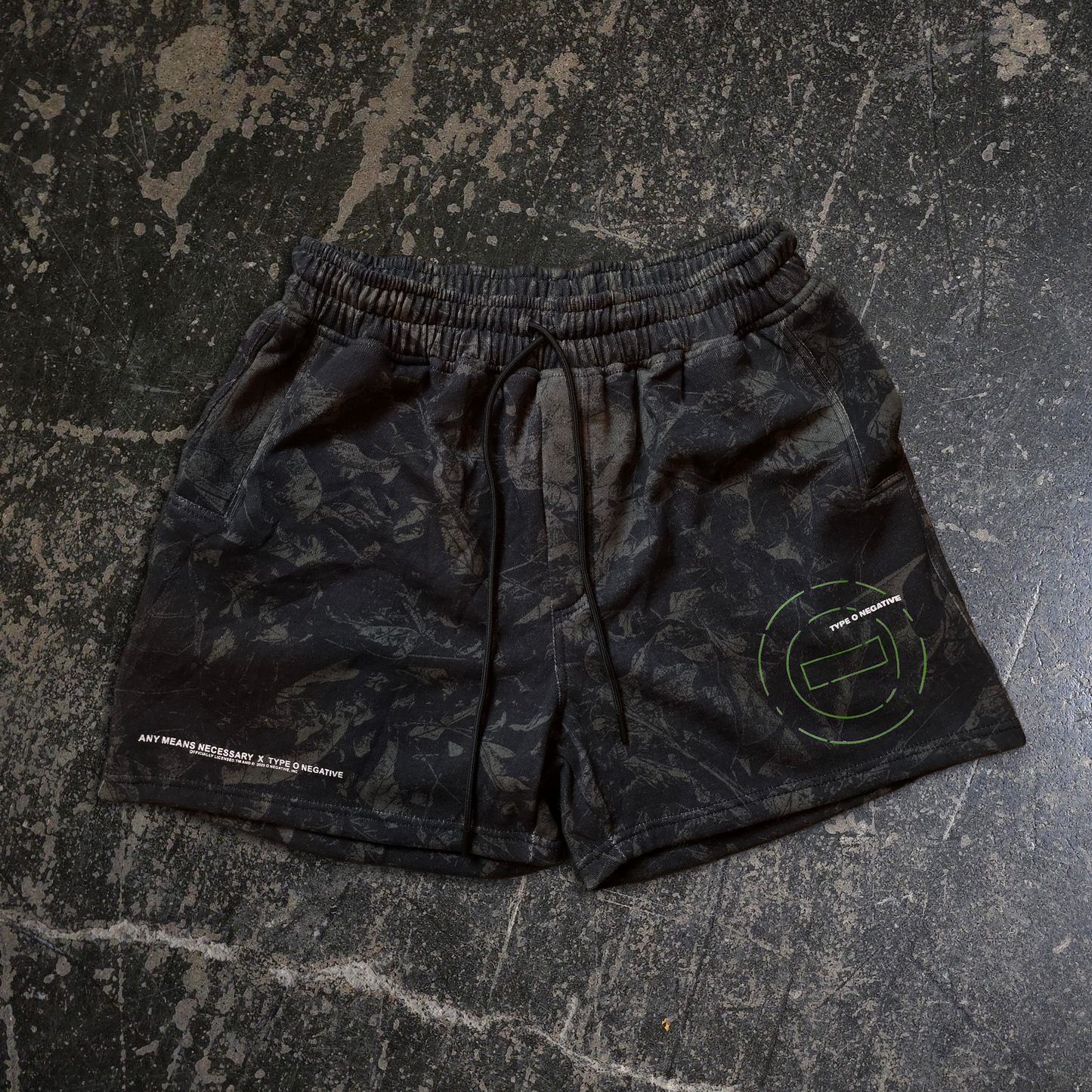 Type O Negative camo leaves sweat shorts with dead leaves camo white text for fans of goth rock and Peter Steele