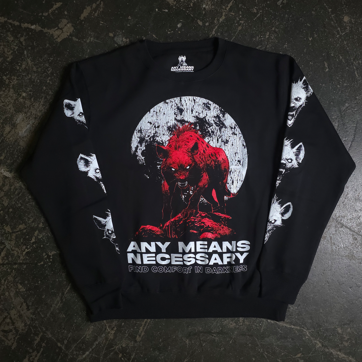 any means necessary shawn coss let us prey crewneck sweatshirt black front