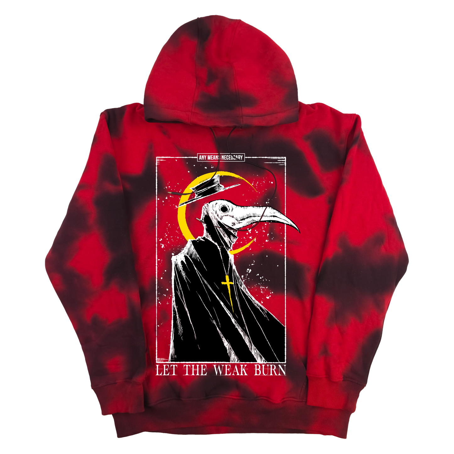 any means necessary shawn coss let the weak burn plague doctor pullover hoodie red and black tie dye