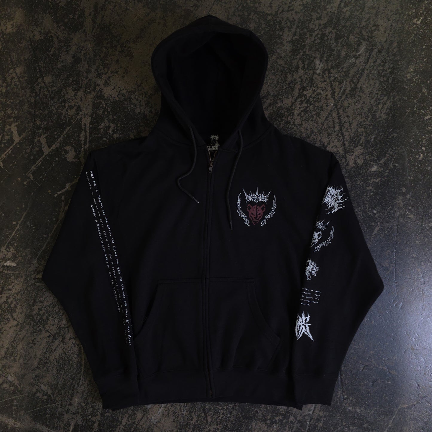 any means necessary shawn coss mantra hyena zip up hoodie black front