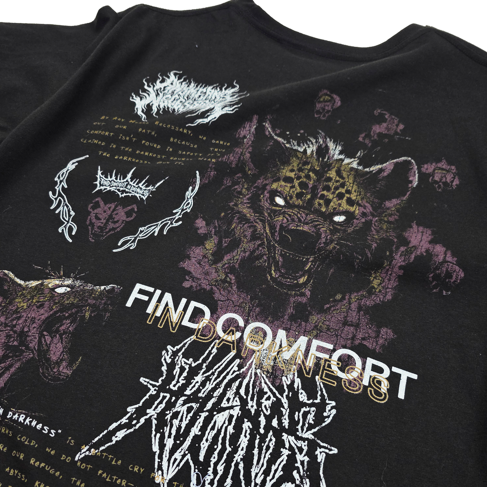 
                      
                        any means necessary shawn coss mantra hyena t shirt black back up close
                      
                    