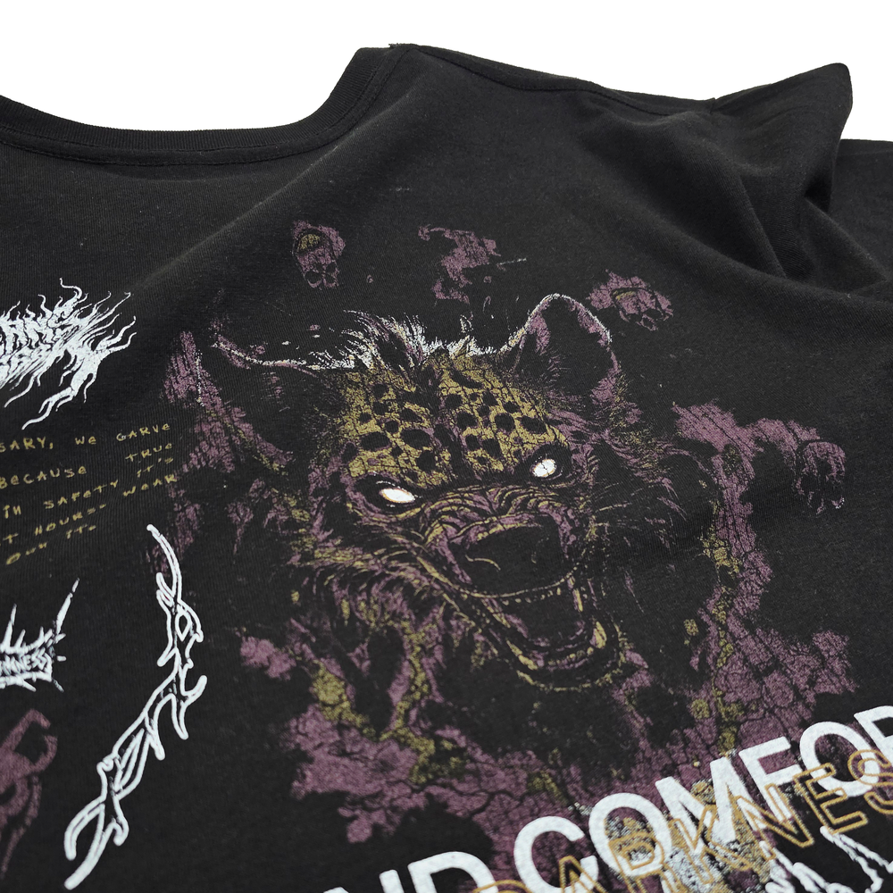 
                      
                        any means necessary shawn coss mantra hyena t shirt black up close
                      
                    