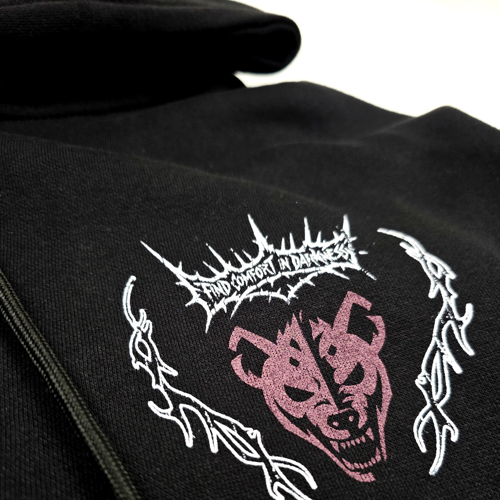 
                      
                        any means necessary shawn coss mantra hyena pullover hoodie black up close front
                      
                    