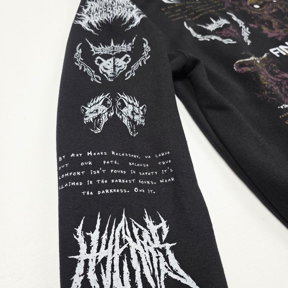 
                      
                        any means necessary shawn coss mantra hyena zip up hoodie black sleeve up close
                      
                    