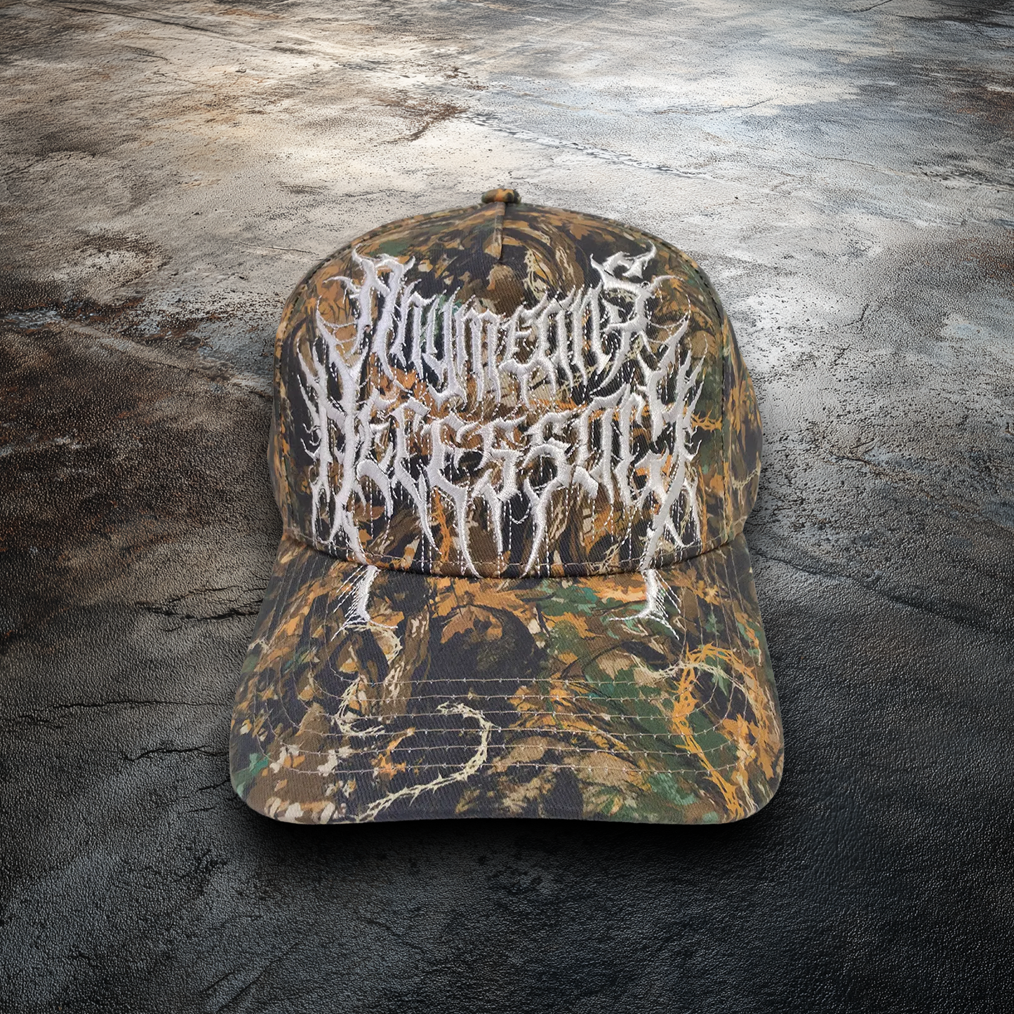 Camouflage-patterned cap with white text on a white background , custom skull camo