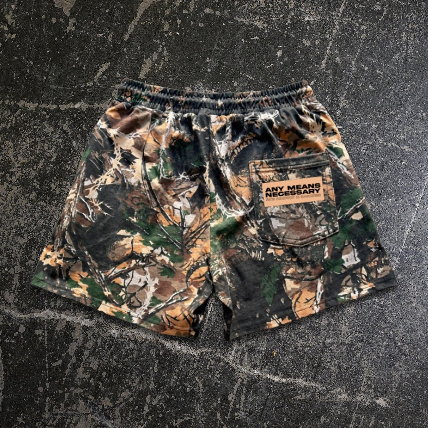 Camouflage shorts with a visible brand logo on a textured dark background any means necessary shawn coss find comfort in darkness rogue woods mayhem shorts camo back