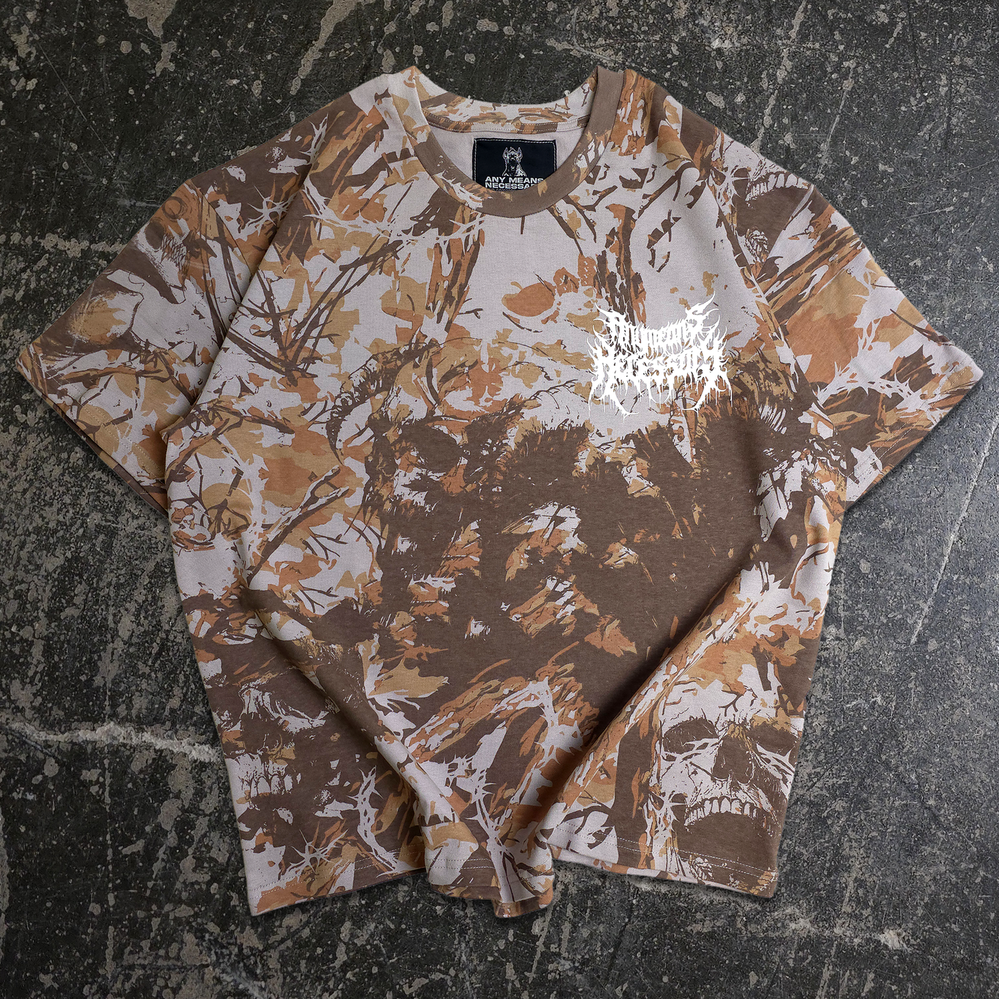 Camouflage-patterned t-shirt on a textured surface

Camouflage-patterned t-shirt on a textured black surface any means necessary shawn coss find comfort deadwood mayhem camo t shirt front