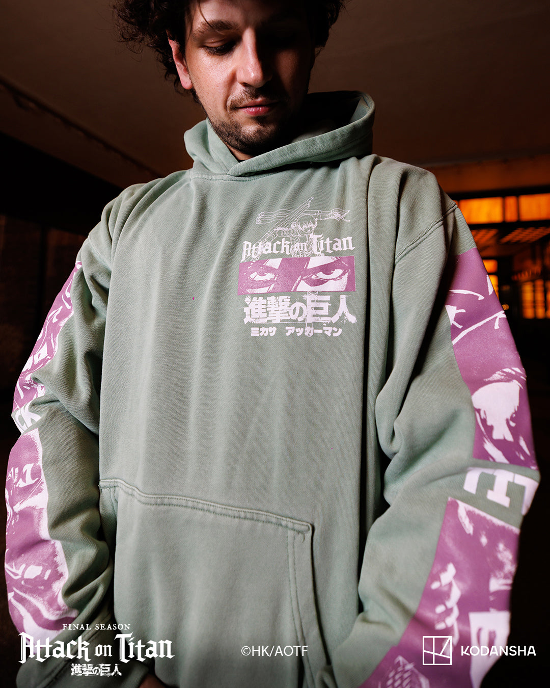 Attack On Titan Mikasa Green Hoodie  Any Means Necessary Anime and Manga design with sleeve prints.ith white and purple print