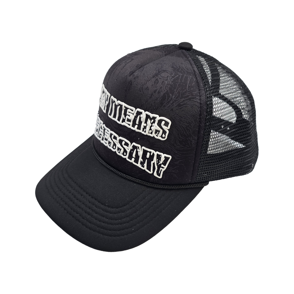 
                  
                    any means necessary shawn coss savage mesh foam trucker hat black side
                  
                