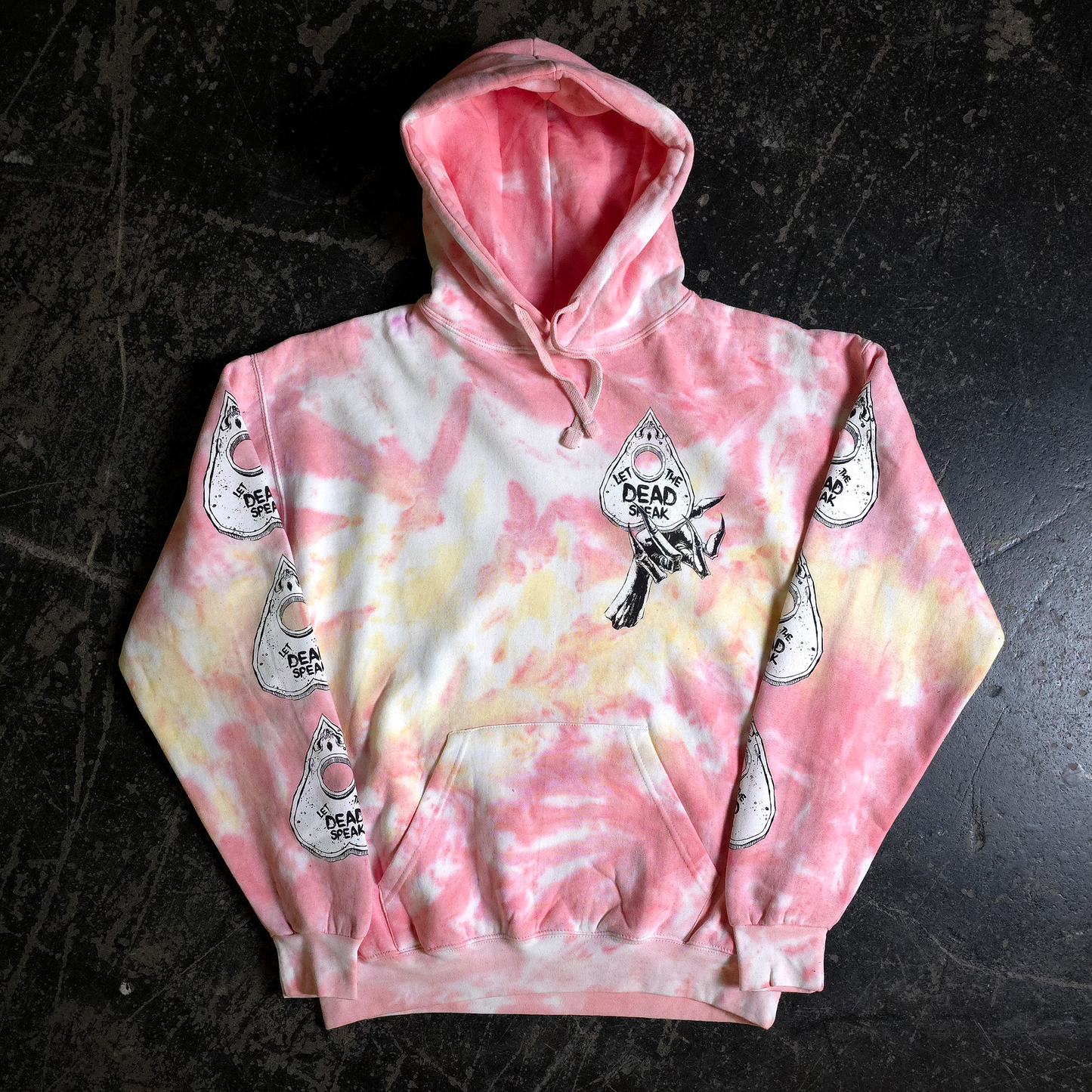 any means necessary shawn coss ouija pullover hoodie plasma tie dye yellow pink front