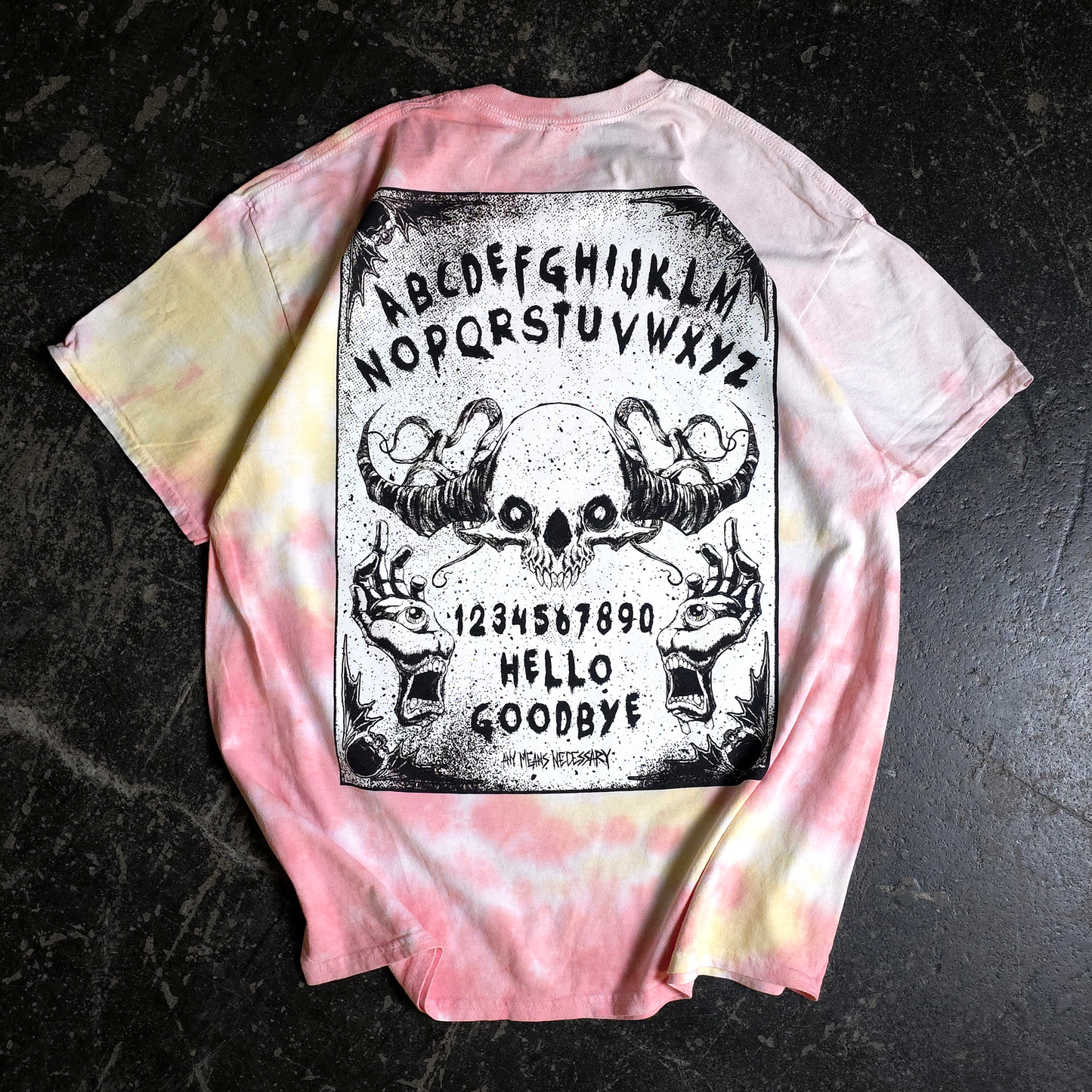 any means necessary shawn coss ouija t shirt plasma tie dye yellow pink back