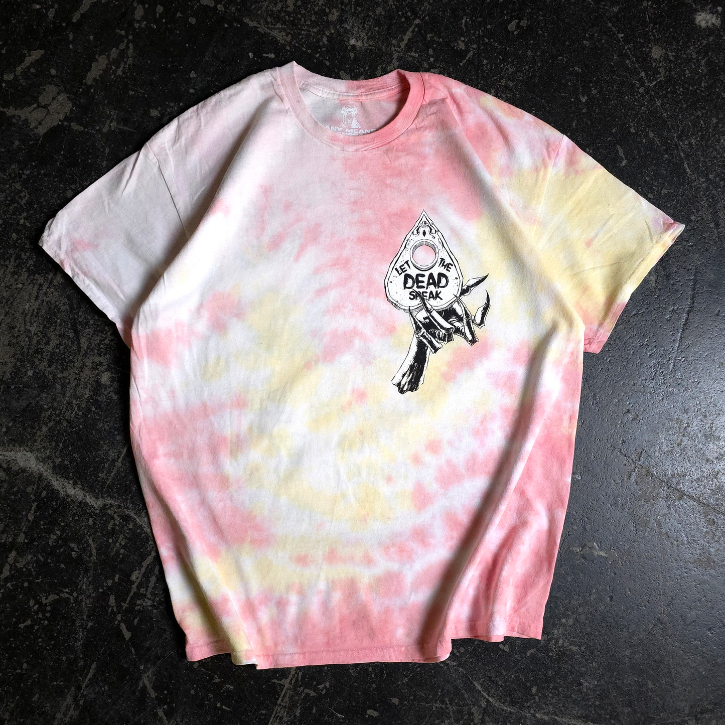 any means necessary shawn coss ouija t shirt plasma tie dye yellow pink front
