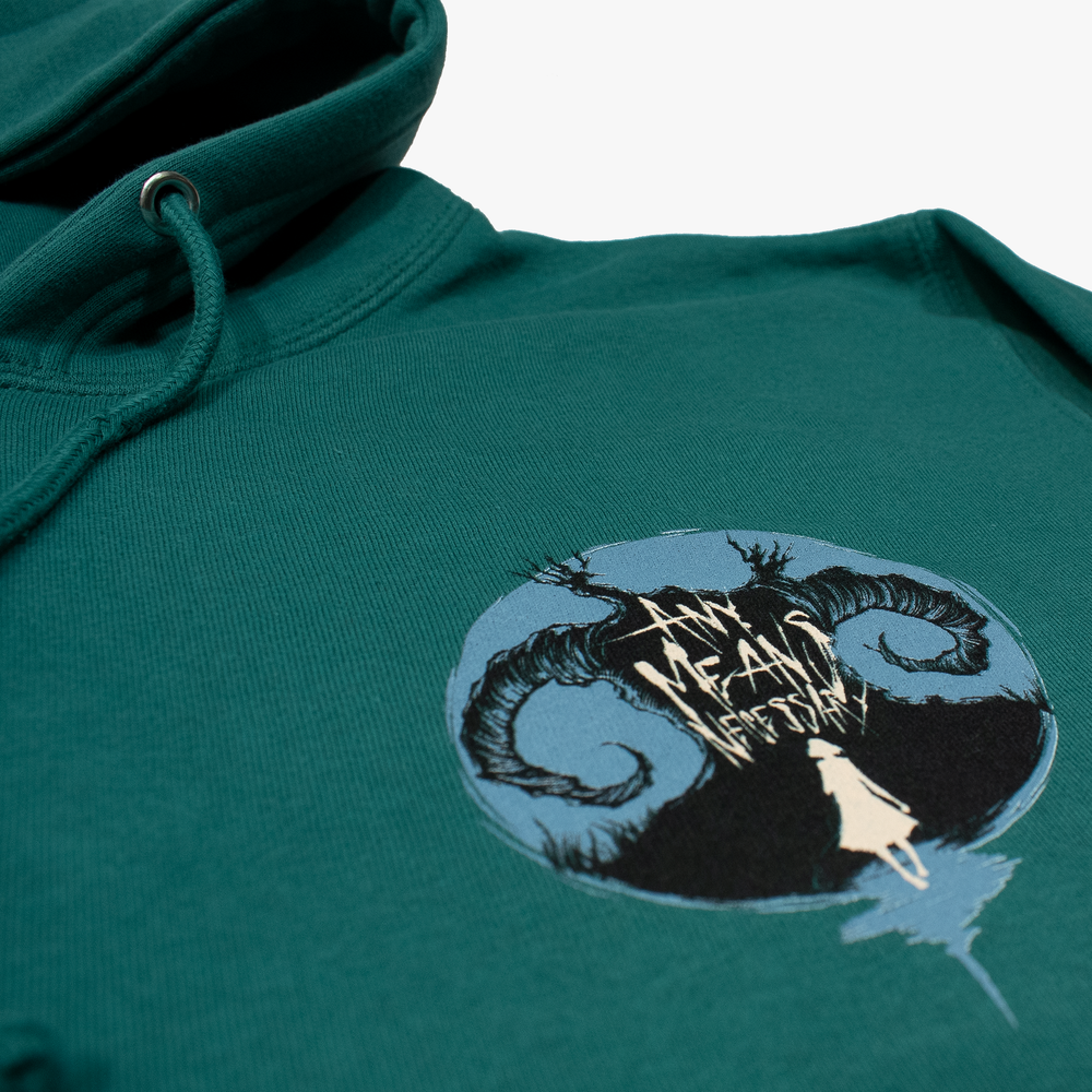 
                  
                    any means necessary shawn coss pale man pans labyrinth pullover hoodie teal up close front
                  
                