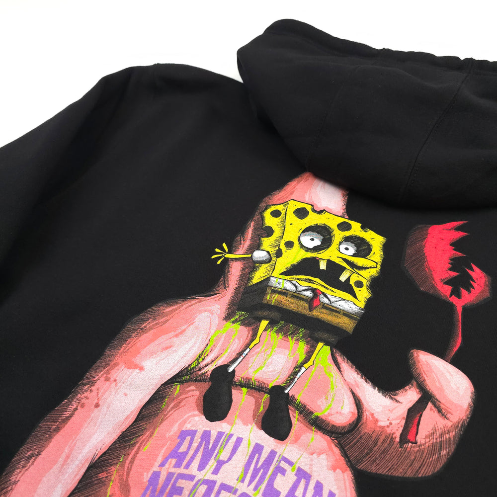 
                      
                        any means necessary shawn coss patrick spongebob squarepants pullover hoodie black back up close
                      
                    