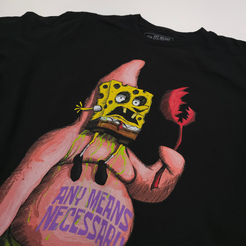 
                      
                        any means necessary shawn coss patrick spongebob squarepants shirt black close up
                      
                    