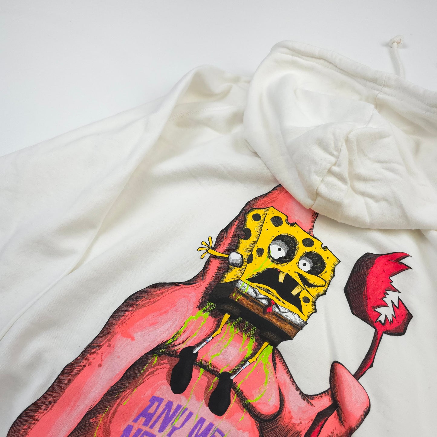 
                  
                    any means necessary shawn coss patrick spongebob squarepants pullover hoodie vintage white up close back
                  
                