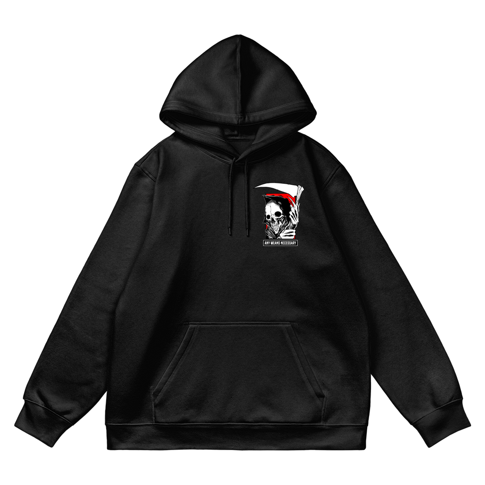 any means necessary shawn coss reaper pullover hoodie black front