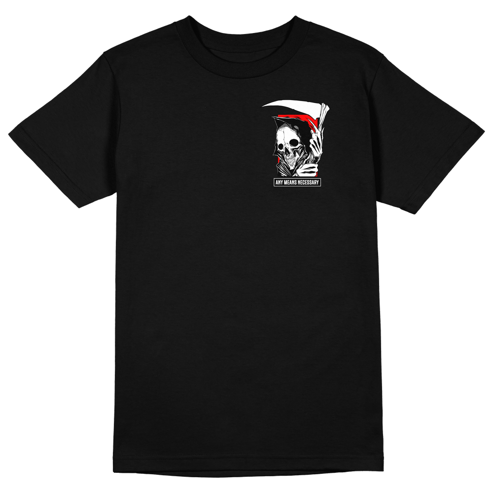 any means necessary shawn coss reaper t shirt black front