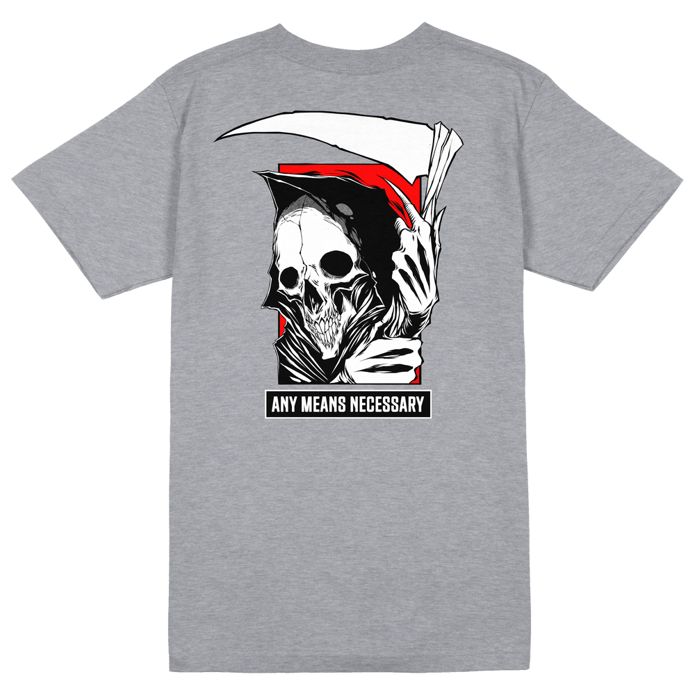 any means necessary shawn coss reaper t shirt heather grey back