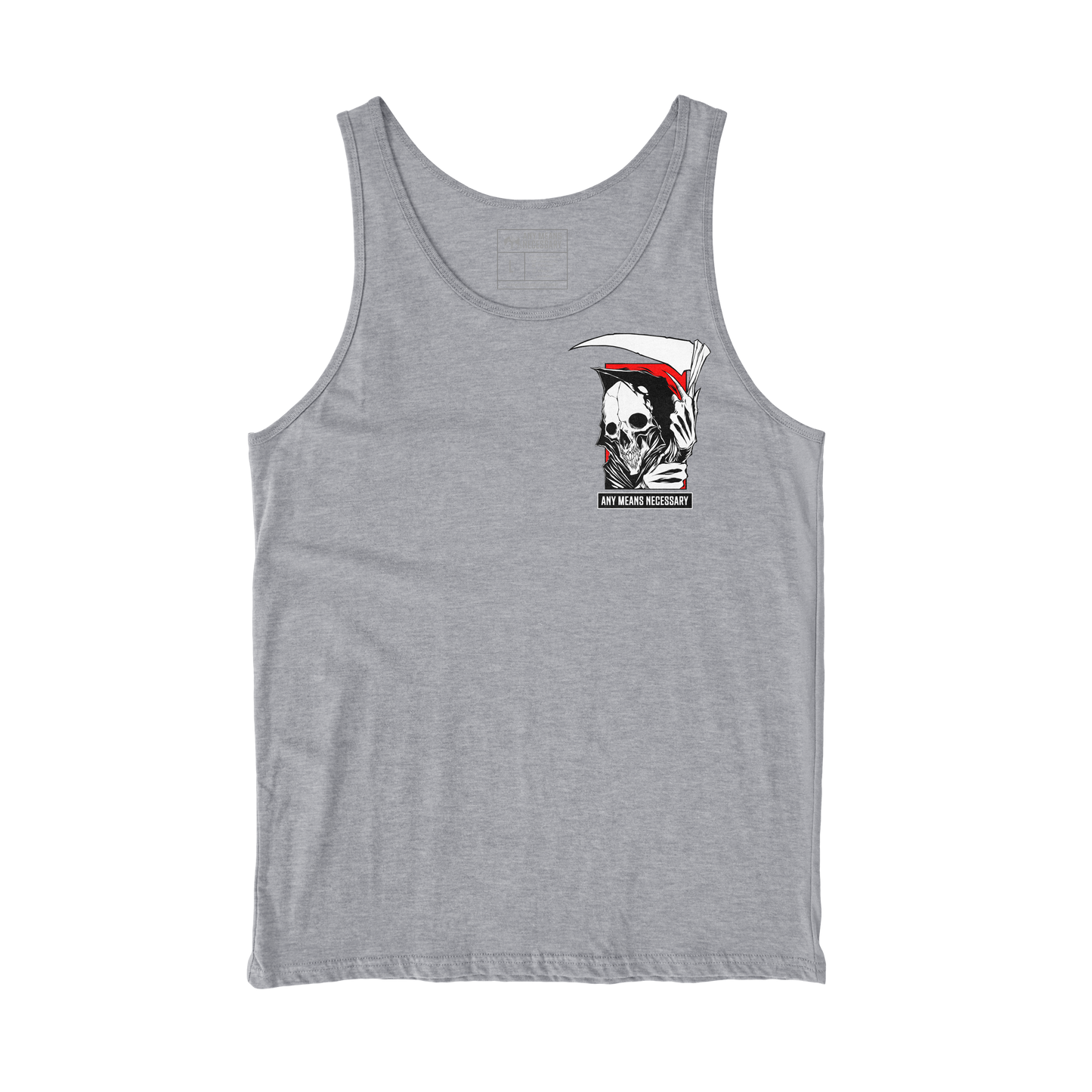 any means necessary shawn coss reaper tank top heather grey front