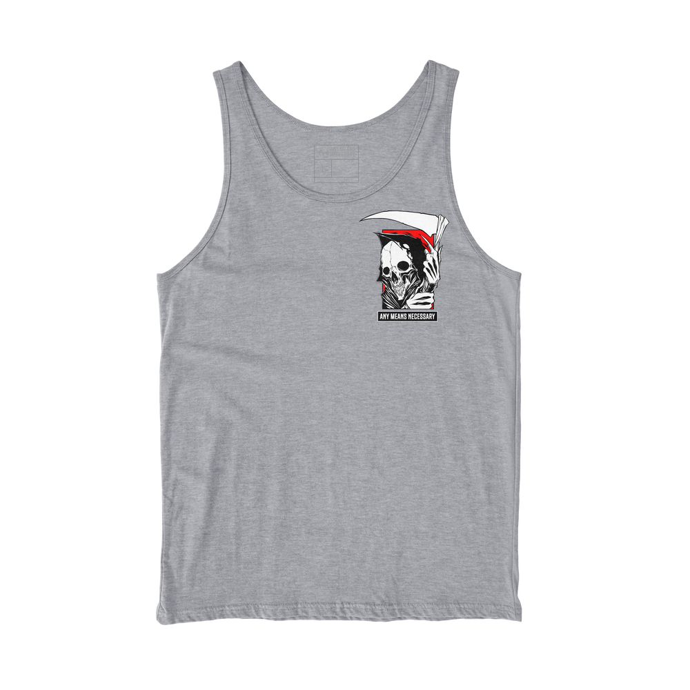 any means necessary shawn coss reaper tank top heather grey front