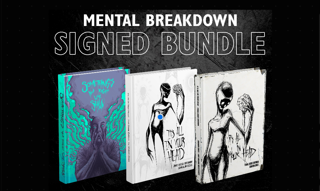Mental health illustrated art books by Shawn Coss with creepy figures and art depicting mental health behaviors and disorders.