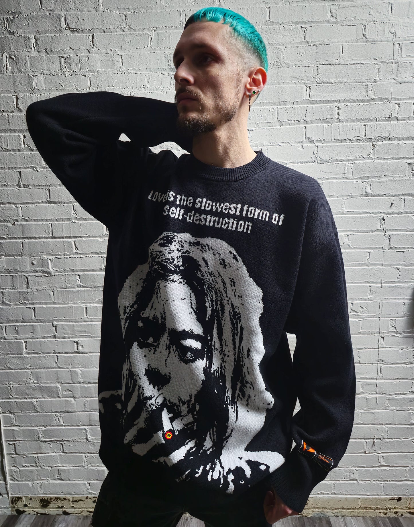 any means necessary shawn coss self destruct knit sweater