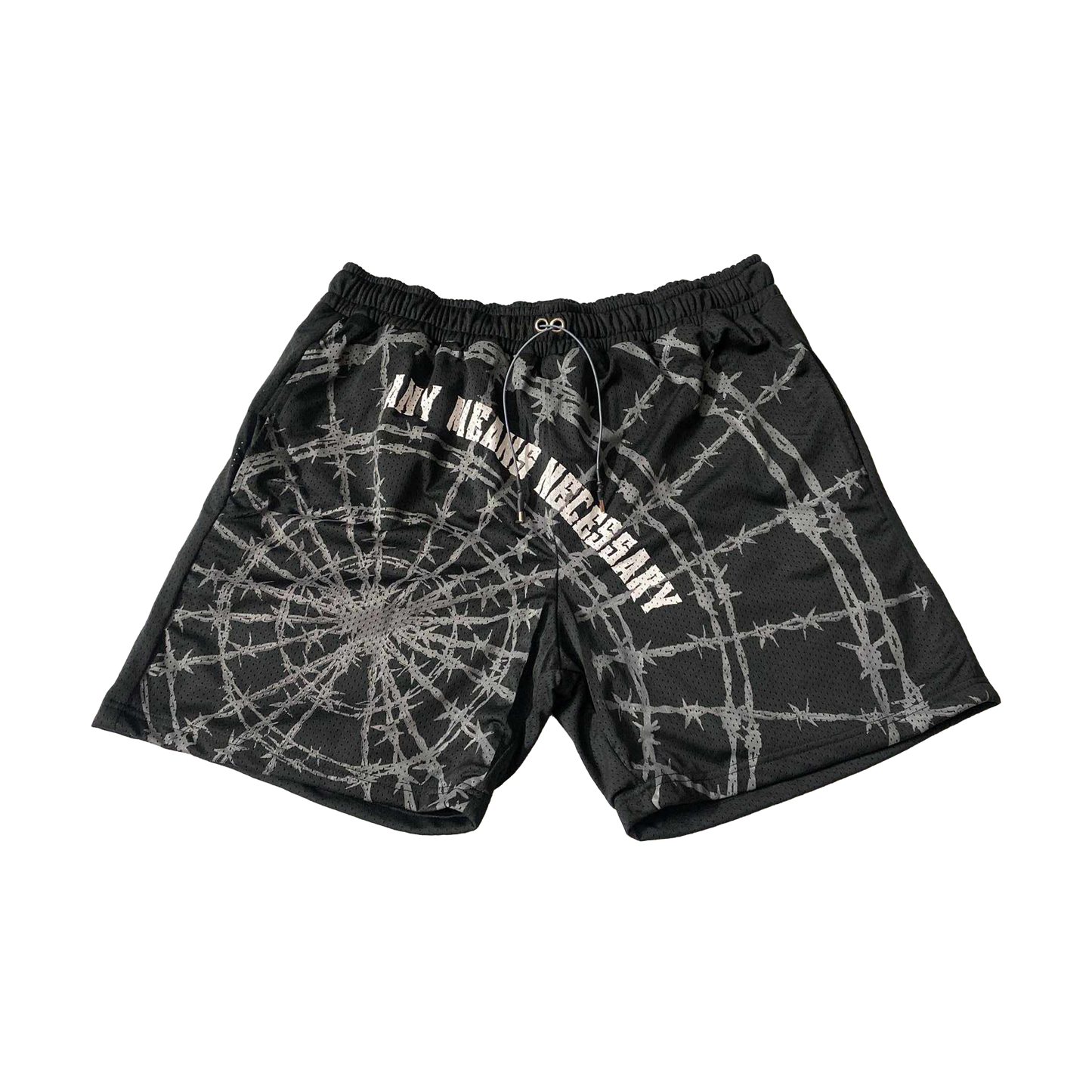 any means necessary shawn coss arachnid mesh shorts black grey